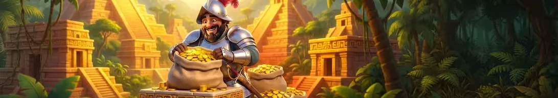 Conquestador knight with sacks of gold coins in front of jungle pyramids