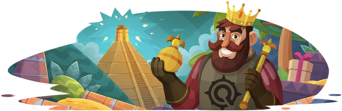 Conquestador king mascot with a sceptre and a golden orb in front of a jungle pyramid