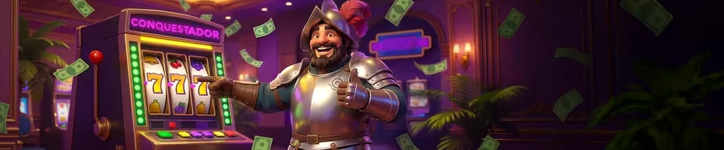 Conquestador knight pointing at a slot machine as banknotes fly