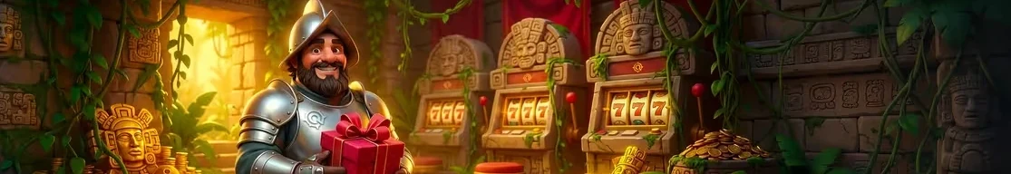 Conquestador knight holding a red gift box beside temple slot machines
