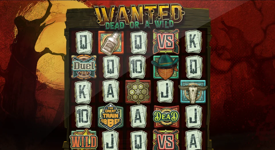 Wanted Dead or a Wild gameplay: 5x5 reels with card ranks, whiskey, a bull skull, VS, Wild and the three bonus scatters